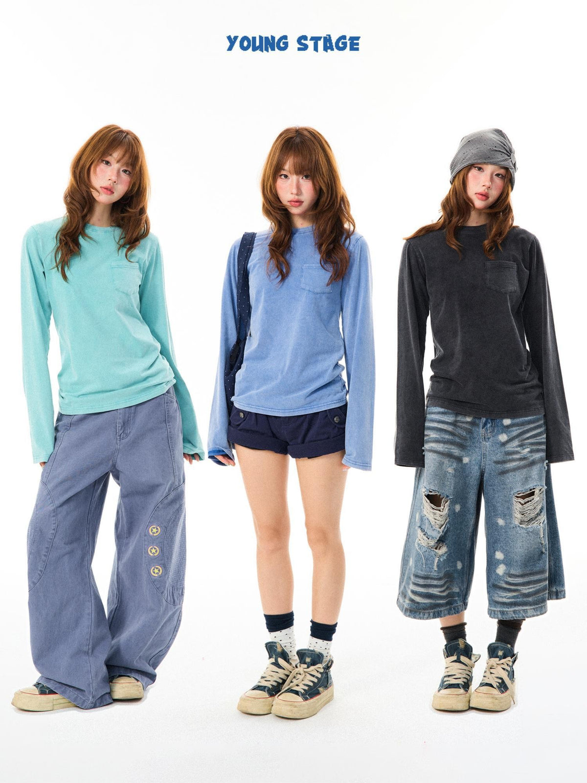YOUNG STAGE Vintage Washed Distressed Pocket Round Neck Women's Cotton Long Sleeve T-shirts