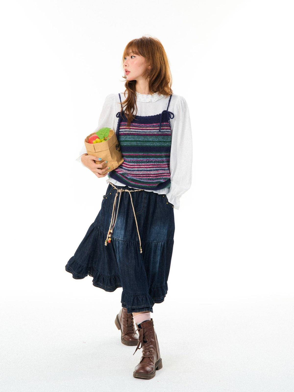 YOUNG STAGE Vintage Washed Ruffled Pocket A Line Women's Midi Skirts