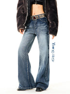 YOUNG STAGE Washed Distressed Low Rise Pleated Slim Fit Women's Denim Flare Jeans