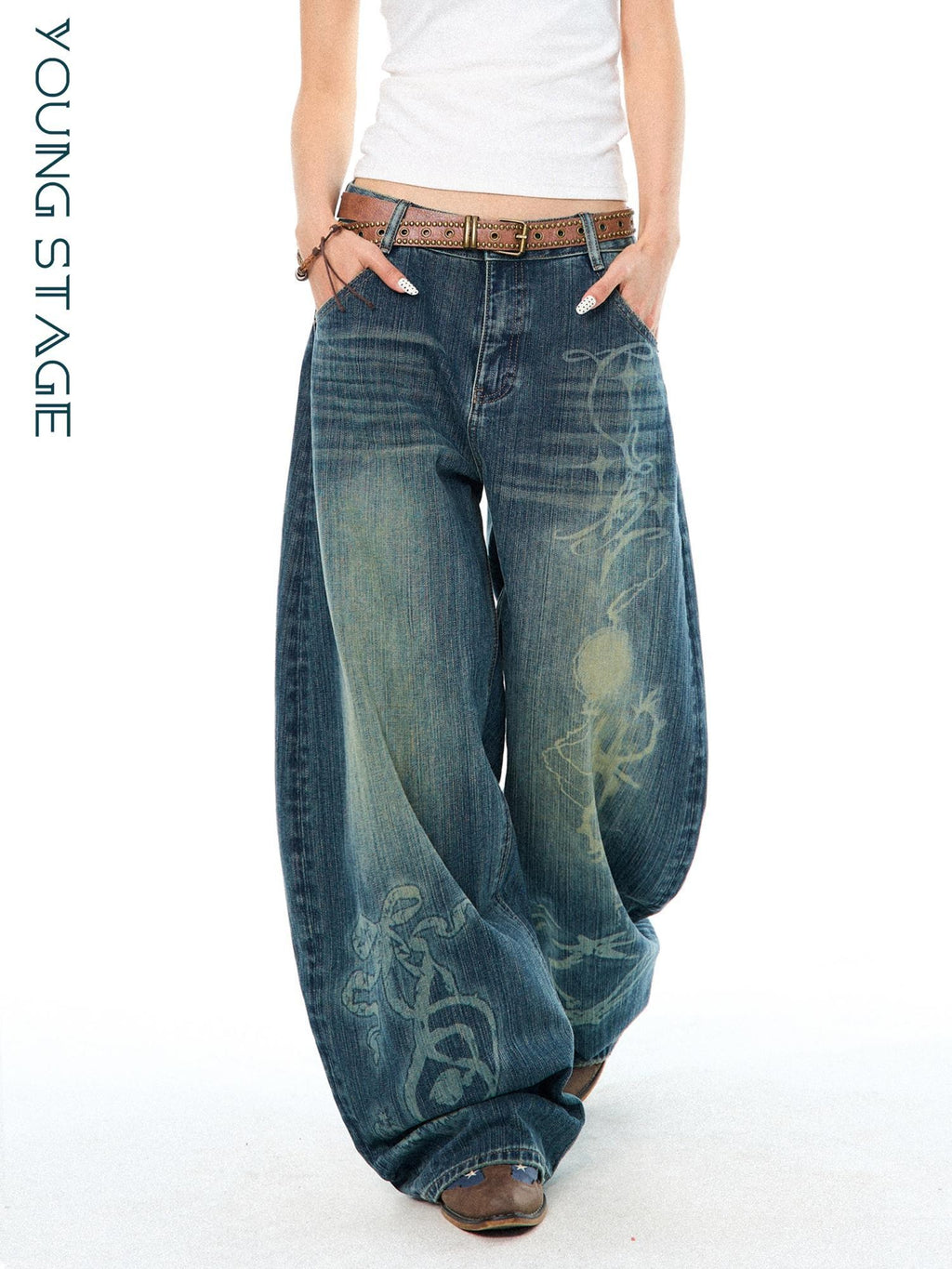 YOUNG STAGE Washed Distressed Slouchy Women's Wide-leg Jeans
