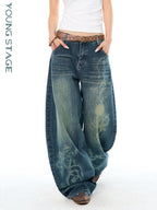 YOUNG STAGE Washed Distressed Slouchy Women's Wide-leg Jeans