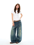 YOUNG STAGE Washed Distressed Slouchy Women's Wide-leg Jeans