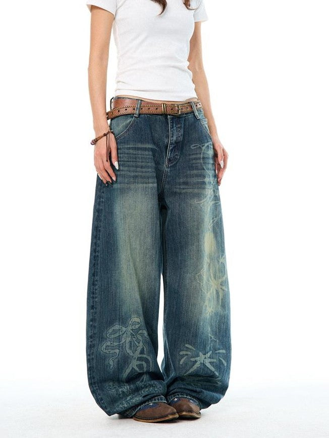 YOUNG STAGE Washed Distressed Slouchy Women's Wide-leg Jeans