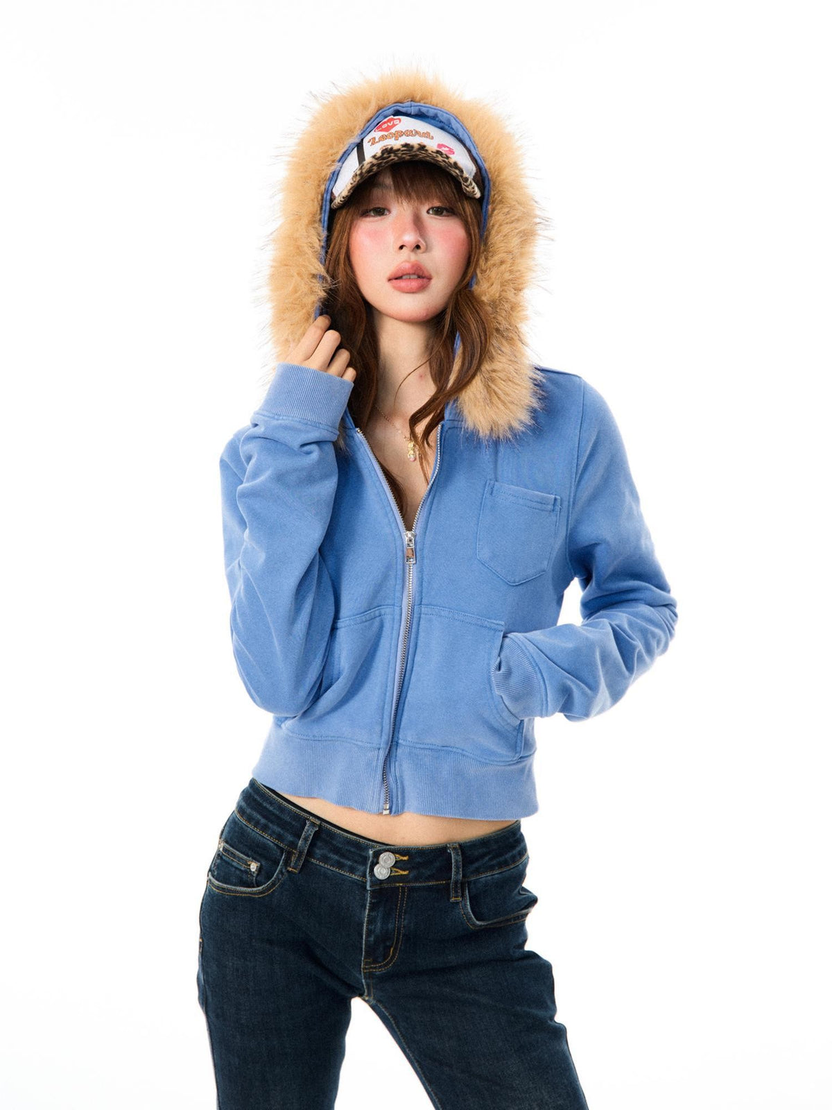 YOUNG STAGE Washed Fleece Lined Zip Up Cropped Women's Cotton Hoodies