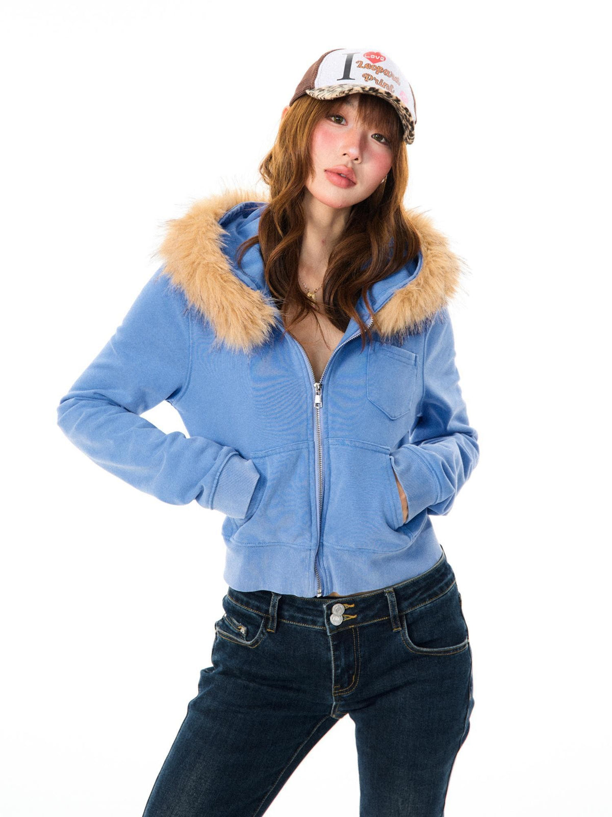 YOUNG STAGE Washed Fleece Lined Zip Up Cropped Women's Cotton Hoodies