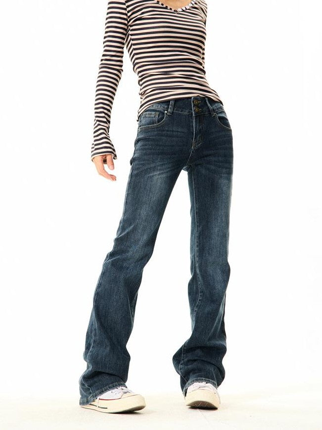 YOUNG STAGE Washed Low Rise Slim Fit Women's Cotton Stretch Denim Straight Jeans