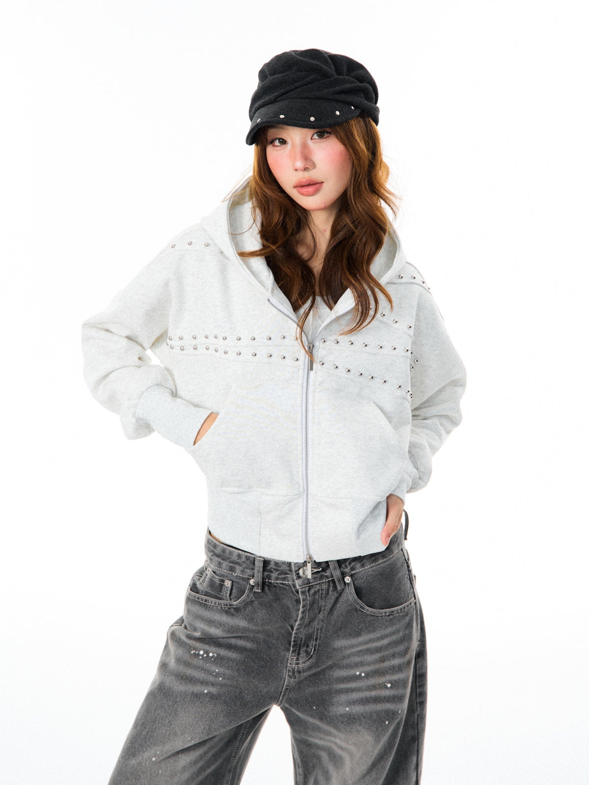 YOUNG_STAGE_Washed_Rivet_Studded_Zip_Up_Cropped_Waist_Women's_Cotton_Hoodies_1083249705764_MISSTT