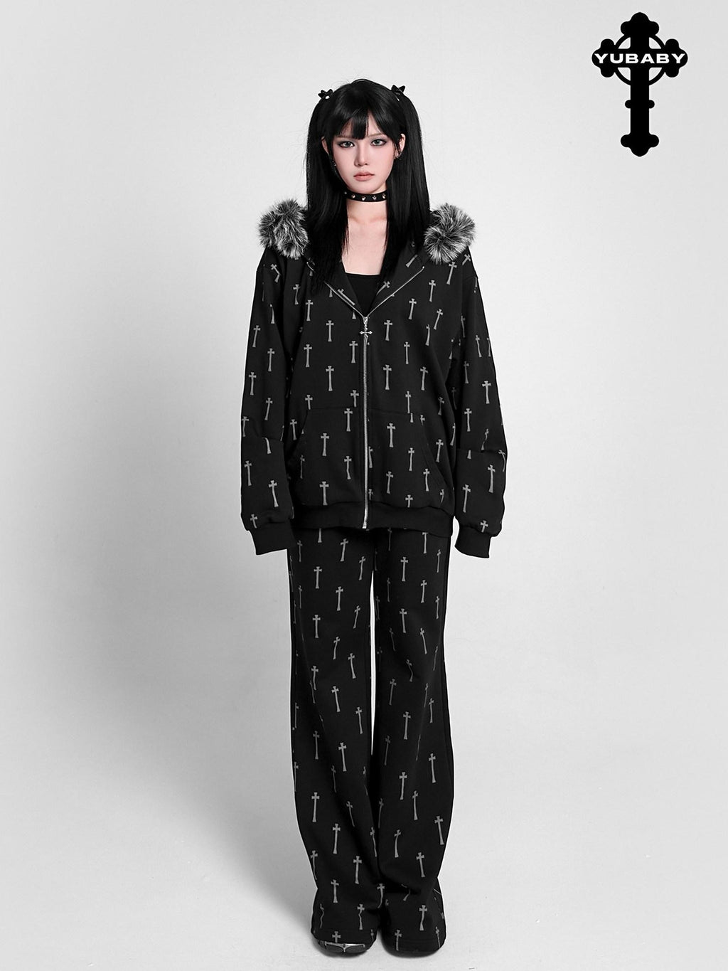 YUBABY All Over Cross Print Gothic Slim Micro Women's Cotton Blend Flare Pants