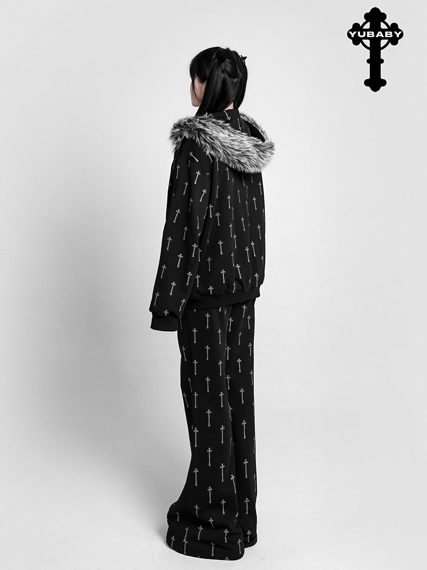 YUBABY All Over Cross Print Gothic Slim Micro Women's Cotton Blend Flare Pants