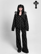 YUBABY All Over Cross Print Gothic Slim Micro Women's Cotton Blend Flare Pants