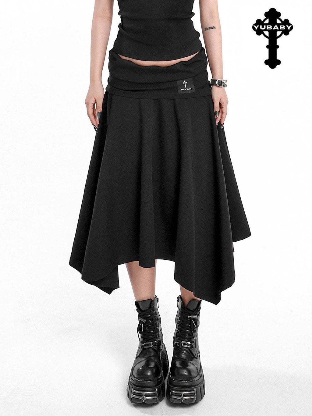 YUBABY Asymmetric Hem Gathered Mid Low Waist Flared Women's Acrylic Blend Midi Skirts