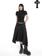 YUBABY Asymmetric Hem Gathered Mid Low Waist Flared Women's Acrylic Blend Midi Skirts