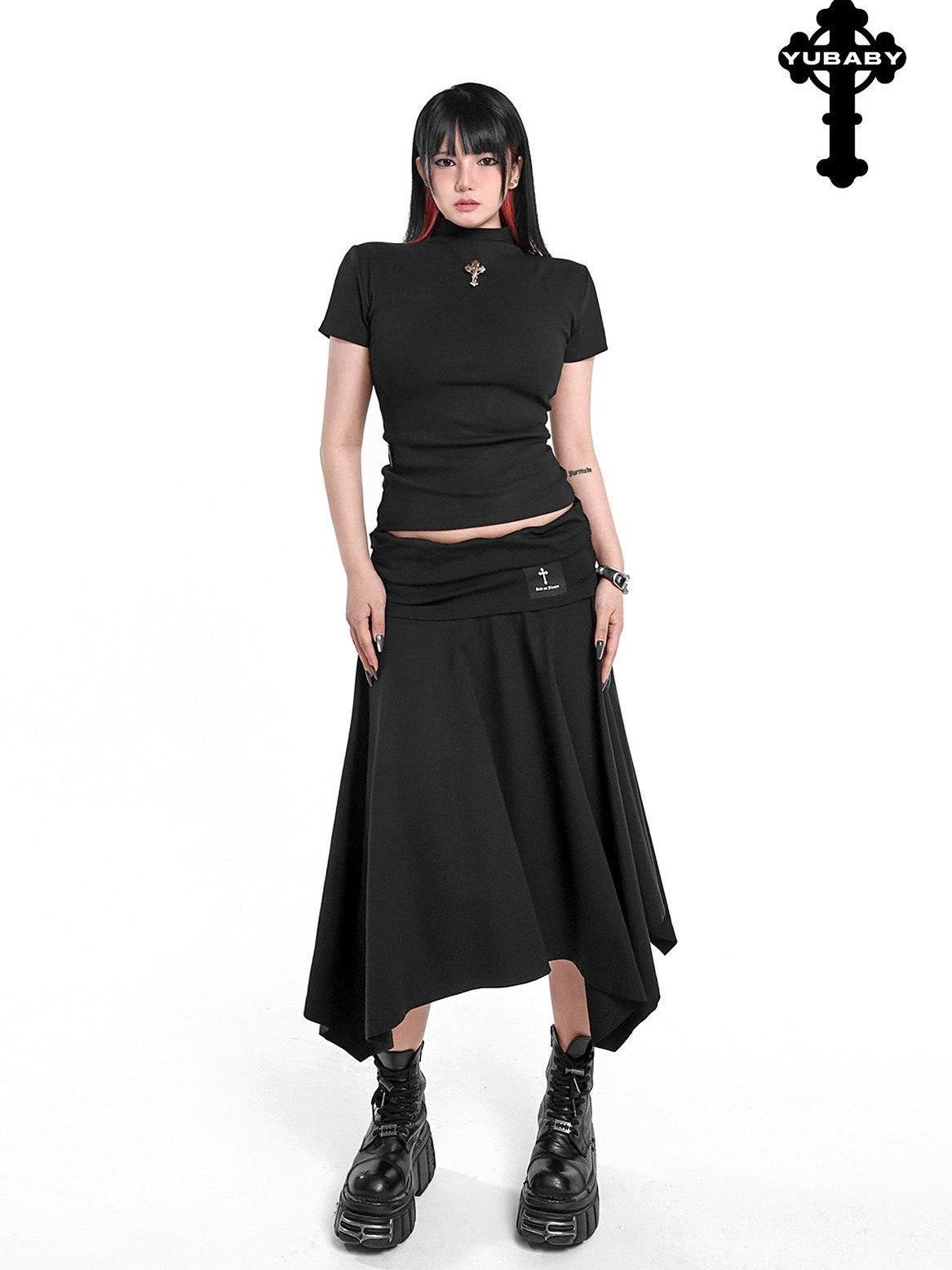 YUBABY Asymmetric Hem Gathered Mid Low Waist Flared Women's Acrylic Blend Midi Skirts