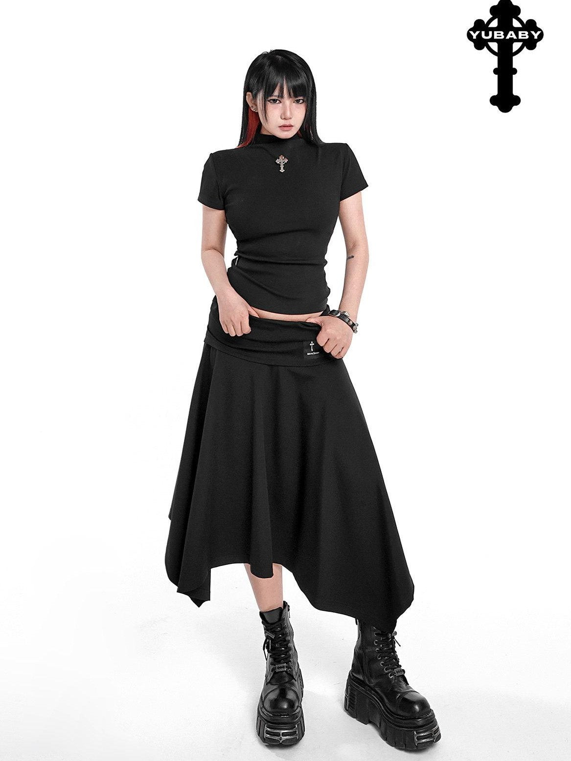 YUBABY Asymmetric Hem Gathered Mid Low Waist Flared Women's Acrylic Blend Midi Skirts