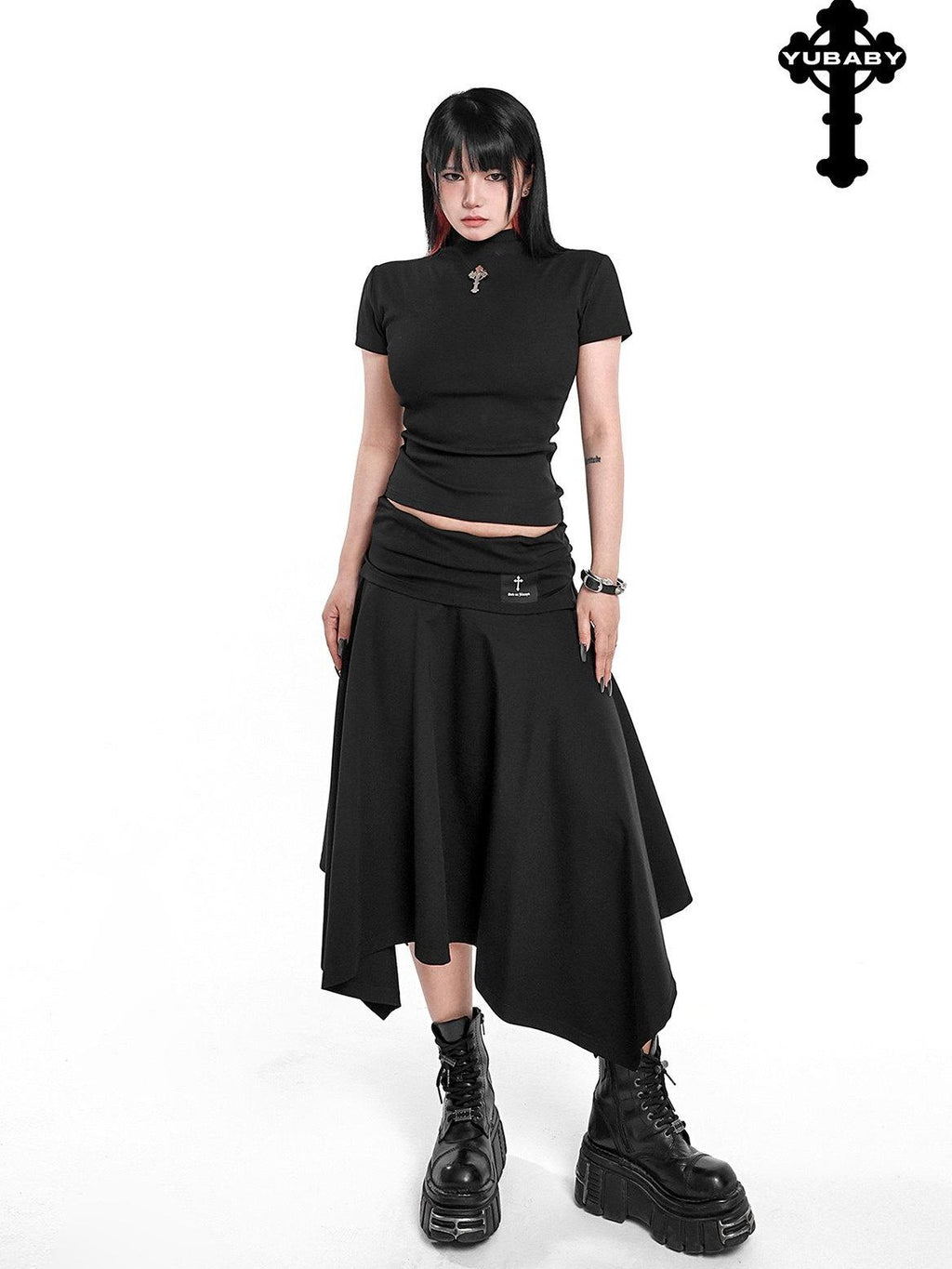 YUBABY Asymmetric Hem Gathered Mid Low Waist Flared Women's Acrylic Blend Midi Skirts