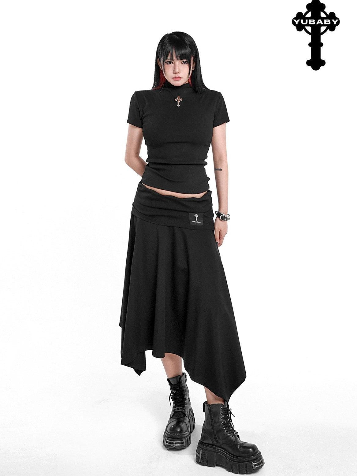 YUBABY Asymmetric Hem Gathered Mid Low Waist Flared Women's Acrylic Blend Midi Skirts
