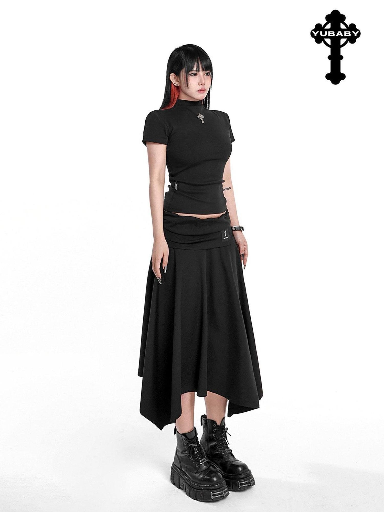 YUBABY Asymmetric Hem Gathered Mid Low Waist Flared Women's Acrylic Blend Midi Skirts