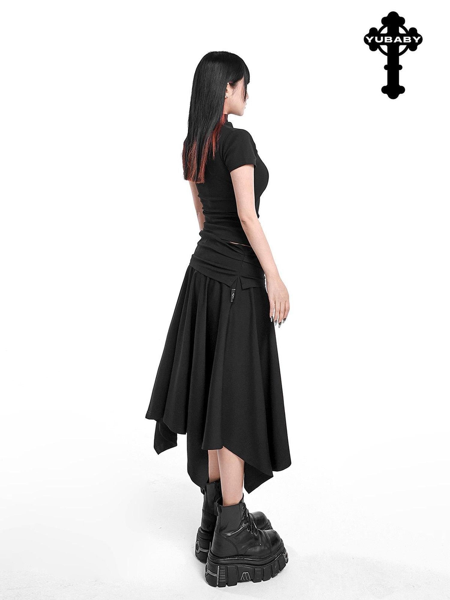 YUBABY Asymmetric Hem Gathered Mid Low Waist Flared Women's Acrylic Blend Midi Skirts