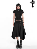 YUBABY Asymmetric Hem Gathered Mid Low Waist Flared Women's Acrylic Blend Midi Skirts