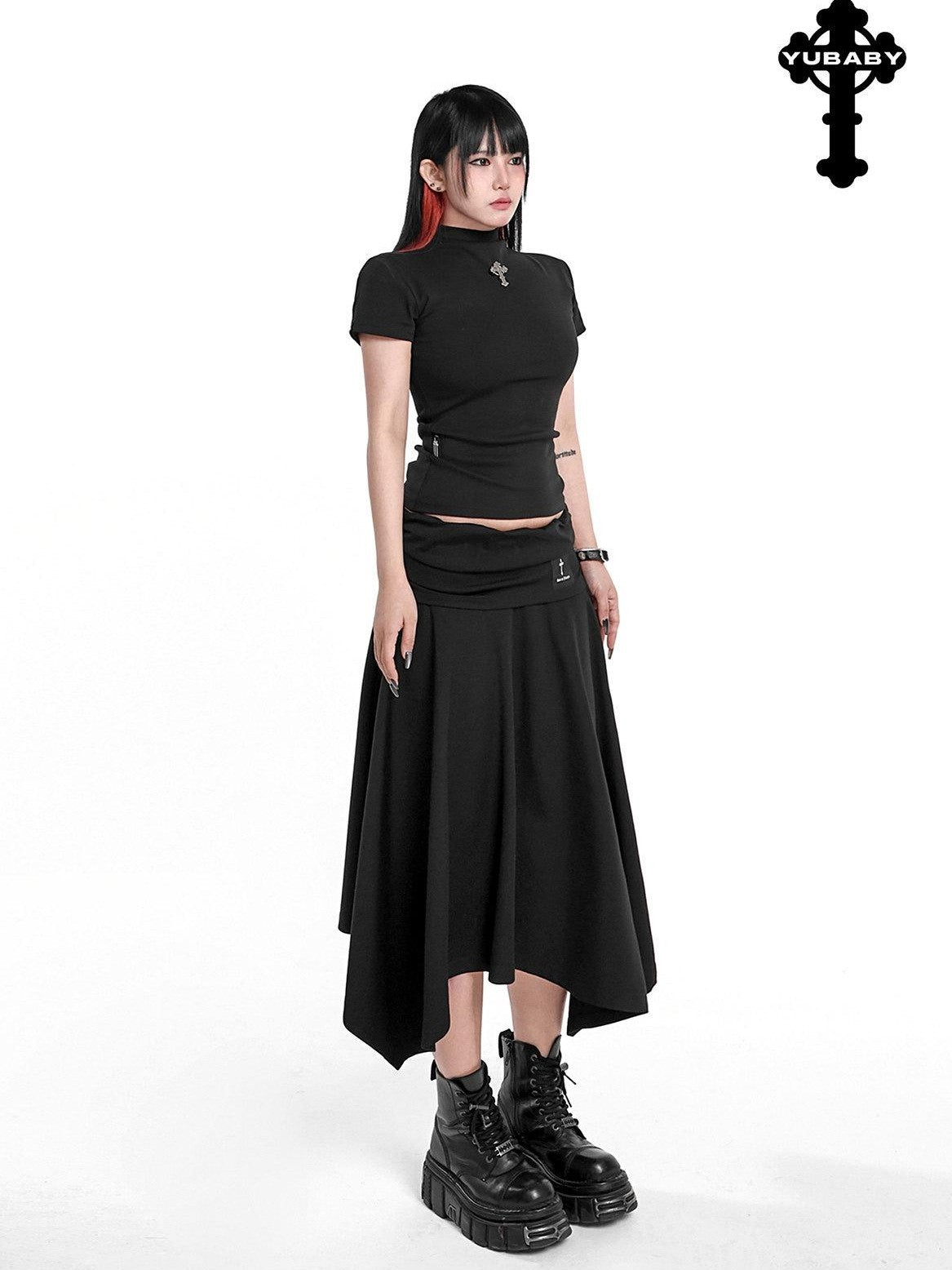 YUBABY Asymmetric Hem Gathered Mid Low Waist Flared Women's Acrylic Blend Midi Skirts