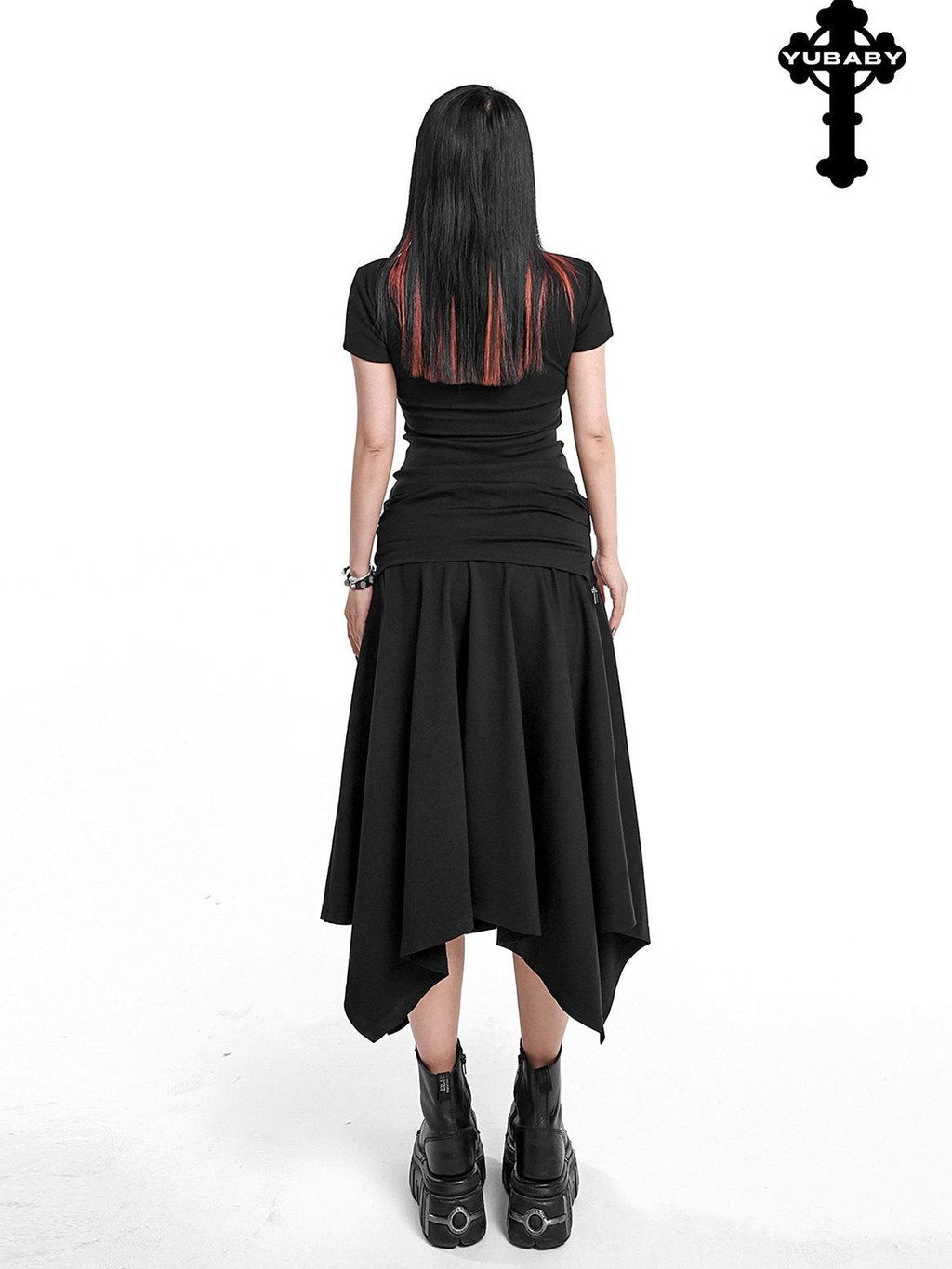 YUBABY Asymmetric Hem Gathered Mid Low Waist Flared Women's Acrylic Blend Midi Skirts