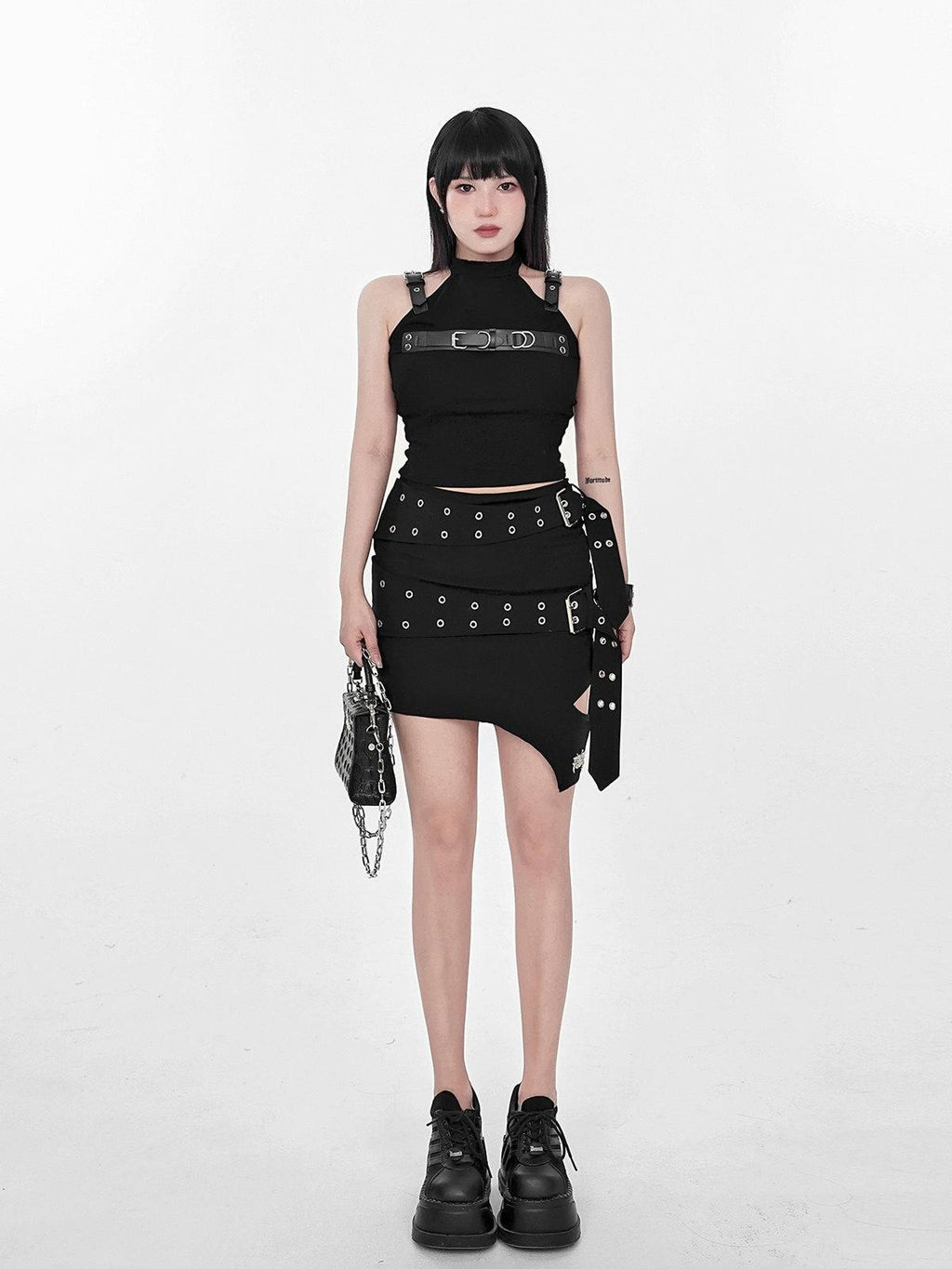 YUBABY Asymmetrical Cutout Double Belt Punk Women's Jacquard Polyester Mini Skirts