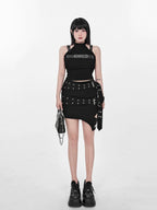 YUBABY Asymmetrical Cutout Double Belt Punk Women's Jacquard Polyester Mini Skirts