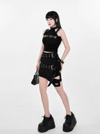 YUBABY Asymmetrical Cutout Double Belt Punk Women's Jacquard Polyester Mini Skirts