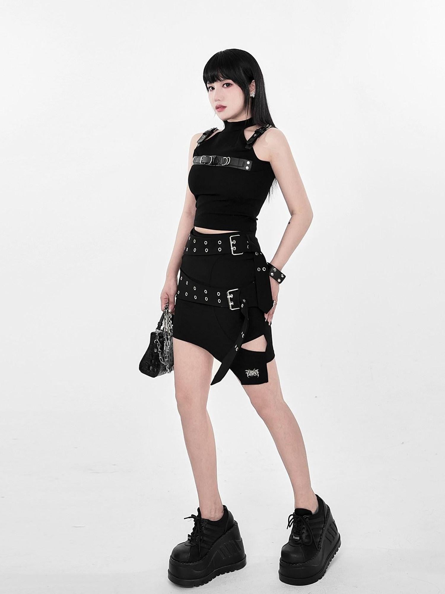YUBABY Asymmetrical Cutout Double Belt Punk Women's Jacquard Polyester Mini Skirts