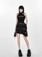 YUBABY Asymmetrical Cutout Double Belt Punk Women's Jacquard Polyester Mini Skirts