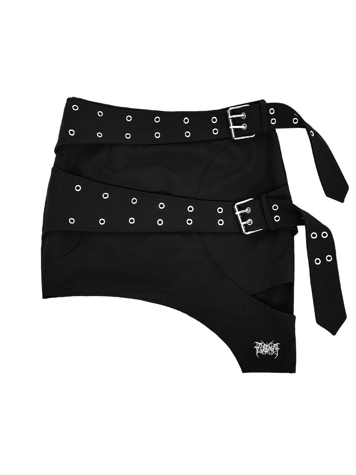 YUBABY Asymmetrical Cutout Double Belt Punk Women's Jacquard Polyester Mini Skirts