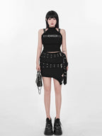 YUBABY Asymmetrical Cutout Double Belt Punk Women's Jacquard Polyester Mini Skirts