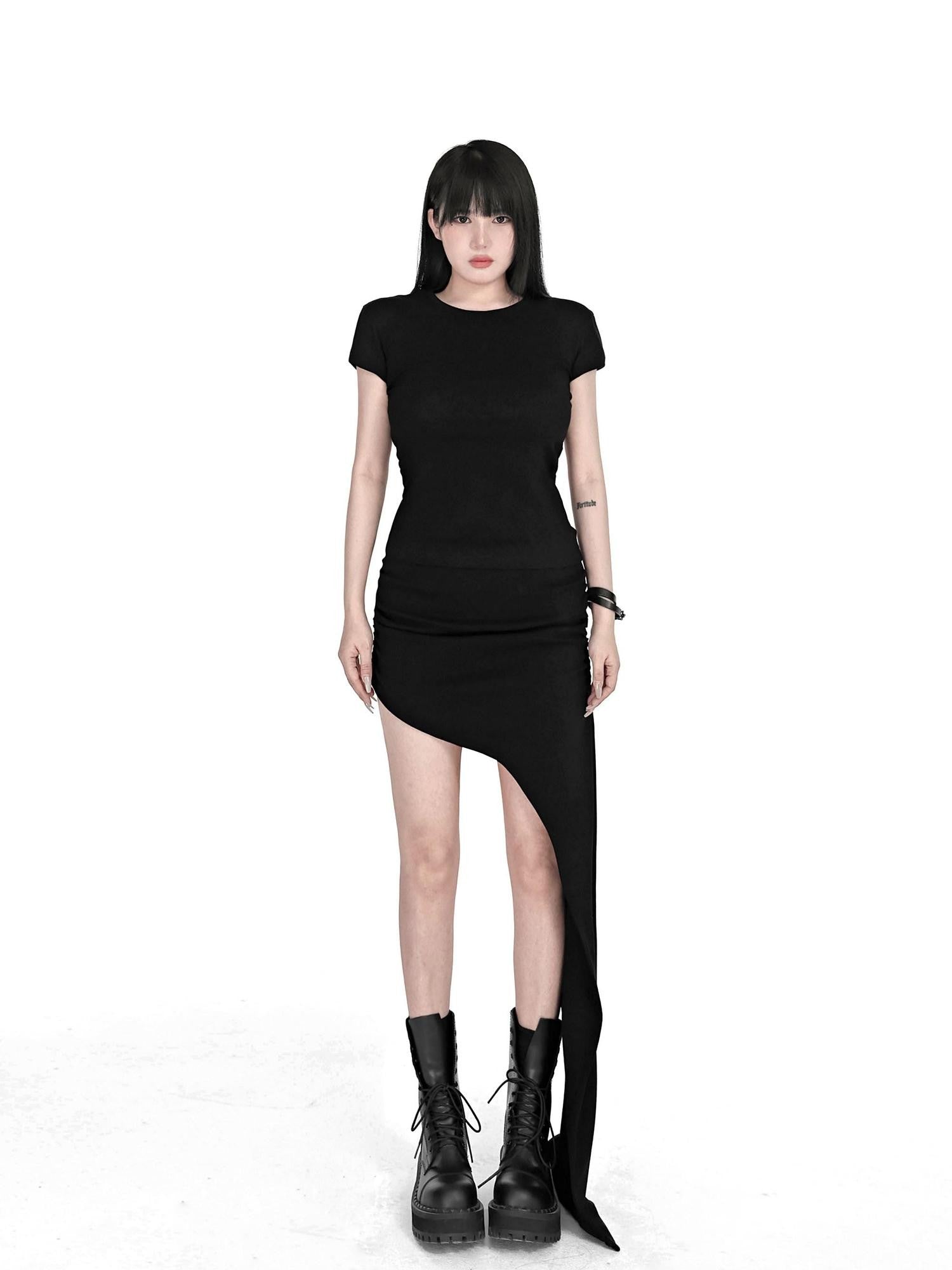 YUBABY Black Asymmetric Ruched Low Waist Women's Cotton Blend Midi Skirts