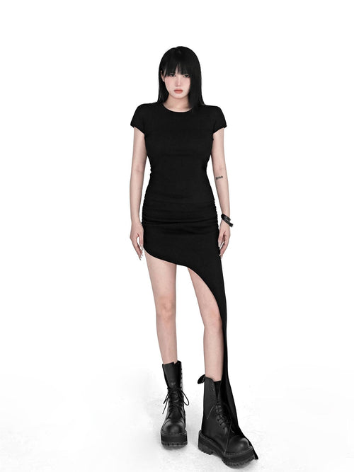 YUBABY Black Asymmetric Ruched Low Waist Women's Cotton Blend Midi Skirts
