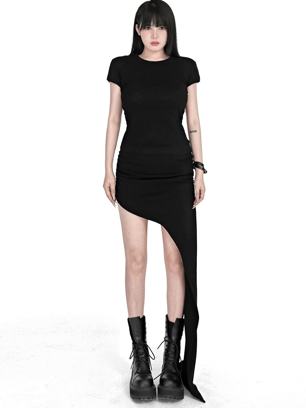 YUBABY Black Asymmetric Ruched Low Waist Women's Cotton Blend Midi Skirts