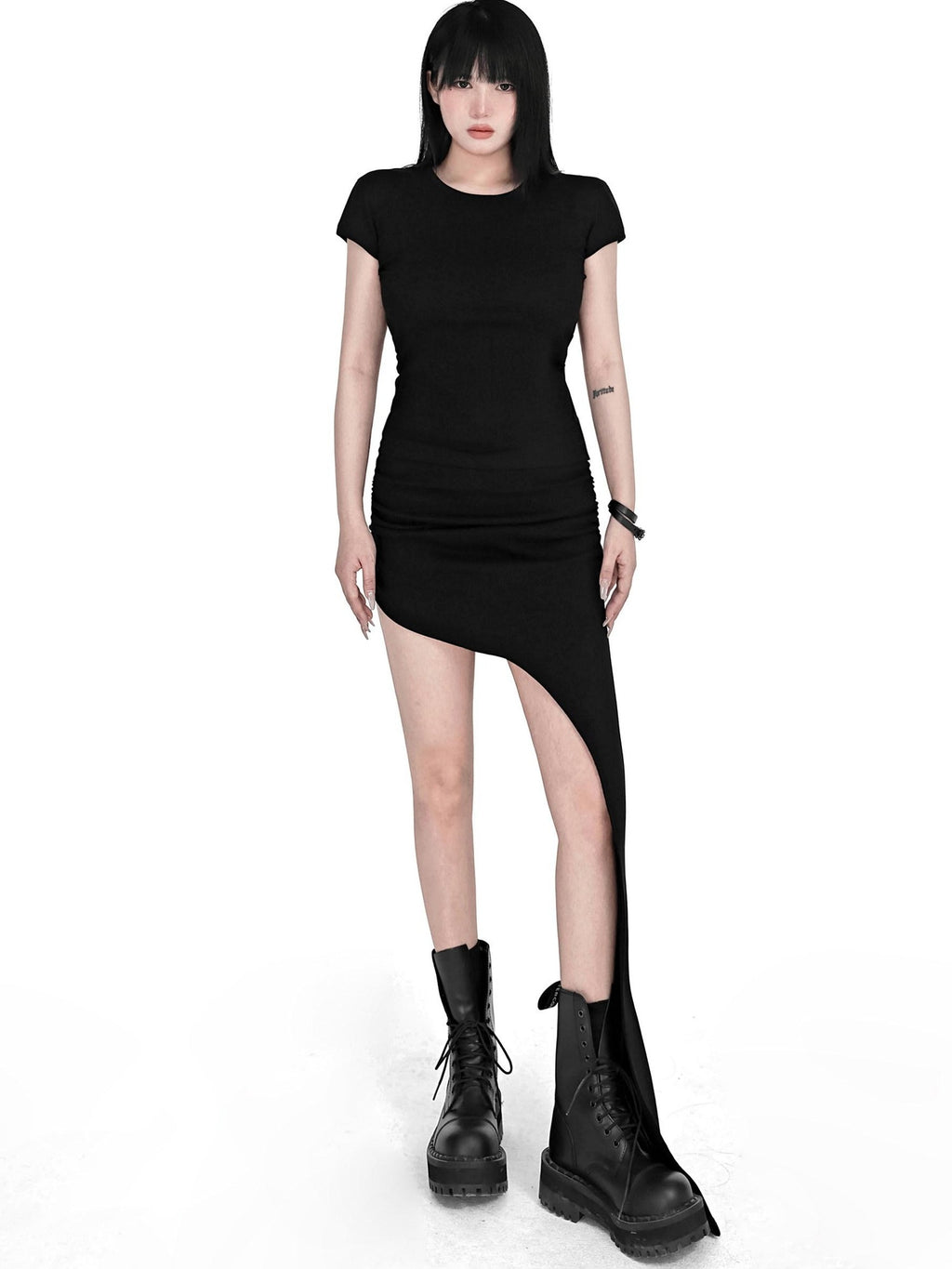 YUBABY Black Asymmetric Ruched Low Waist Women's Cotton Blend Midi Skirts