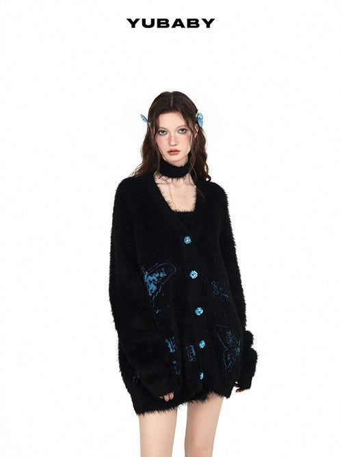YUBABY Black Butterfly Rhinestone Buttons Loose Slimming Women's Faux Mink Cardigans
