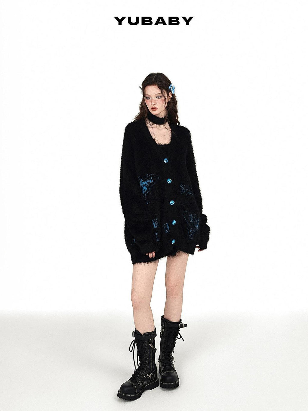 YUBABY Black Butterfly Rhinestone Buttons Loose Slimming Women's Faux Mink Cardigans