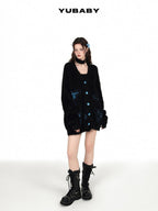YUBABY Black Butterfly Rhinestone Buttons Loose Slimming Women's Faux Mink Cardigans