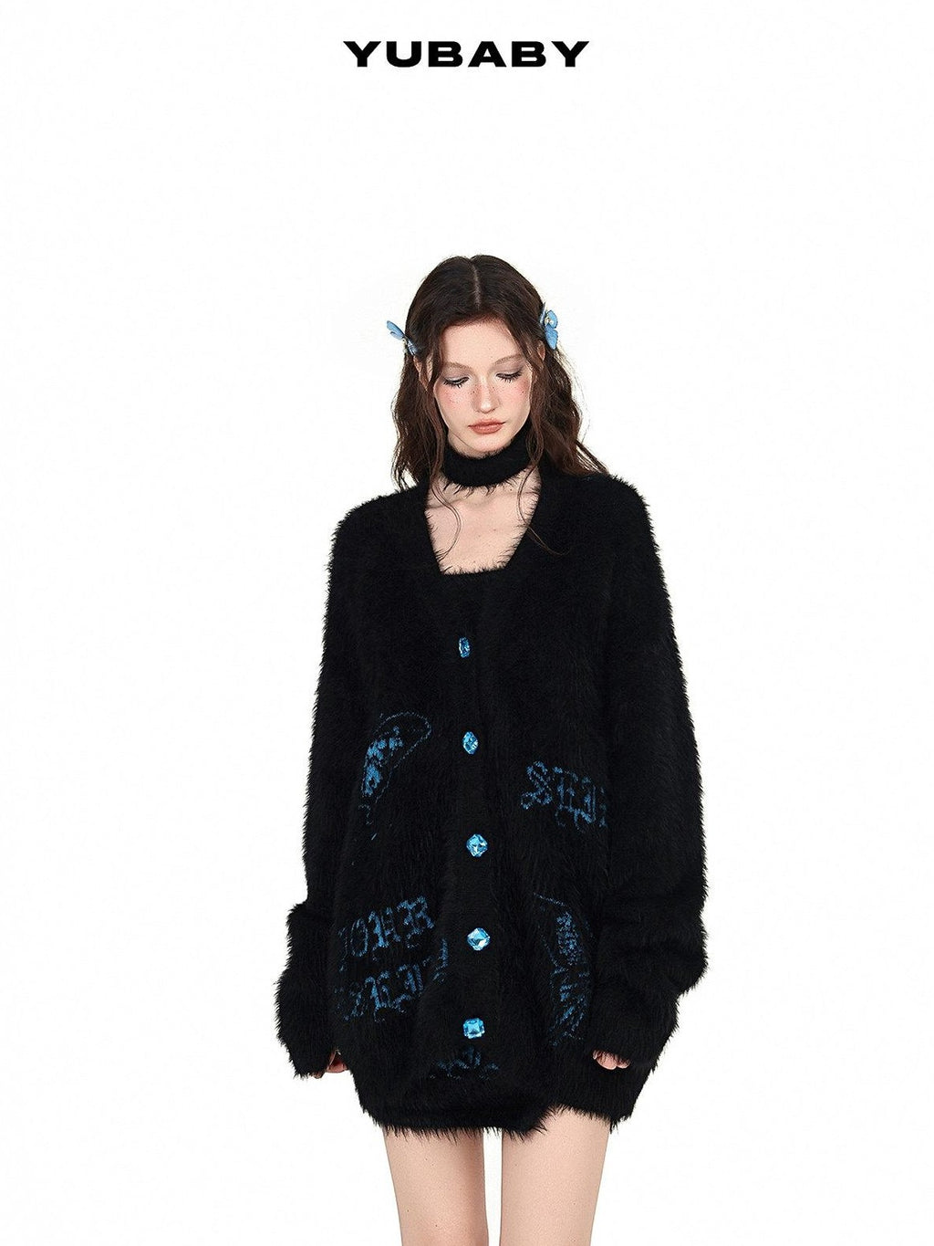 YUBABY Black Butterfly Rhinestone Buttons Loose Slimming Women's Faux Mink Cardigans