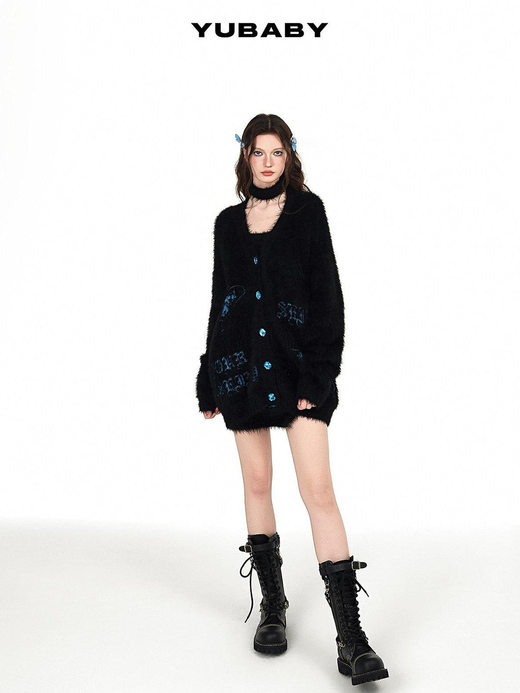 YUBABY Black Butterfly Rhinestone Buttons Loose Slimming Women's Faux Mink Cardigans