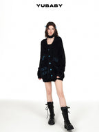YUBABY Black Butterfly Rhinestone Buttons Loose Slimming Women's Faux Mink Cardigans