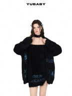 YUBABY Black Butterfly Rhinestone Buttons Loose Slimming Women's Faux Mink Cardigans