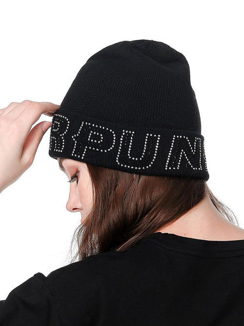 YUBABY Black Cyberpunk Rhinestone Lettering Women's Cotton Knit Hats
