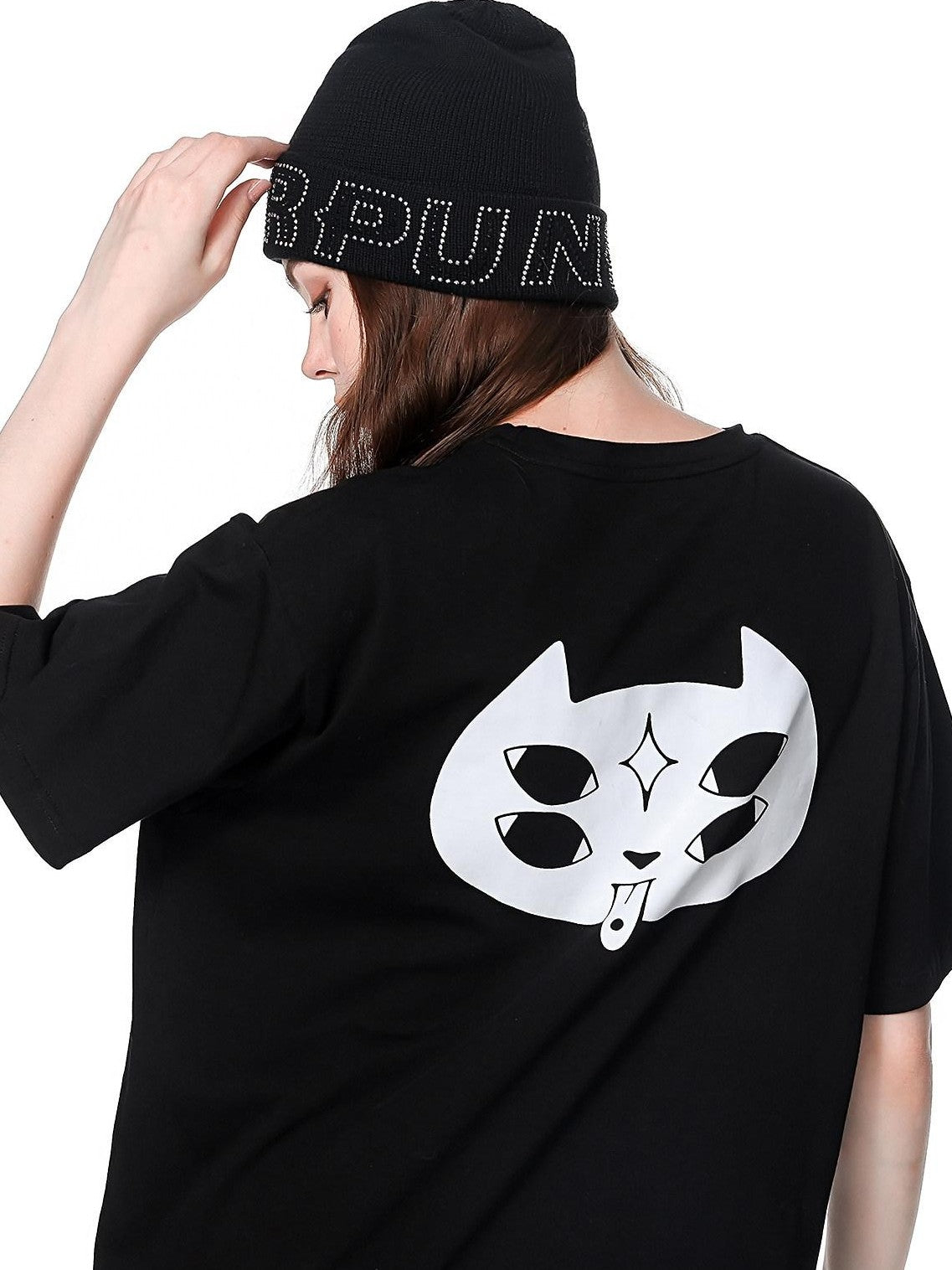YUBABY Black Cyberpunk Rhinestone Lettering Women's Cotton Knit Hats