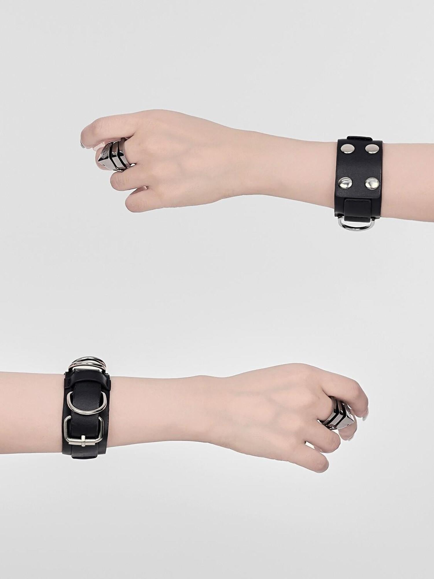 YUBABY Black Double Row Adjustable Buckle Punk Women's Leather Alloy Bracelets