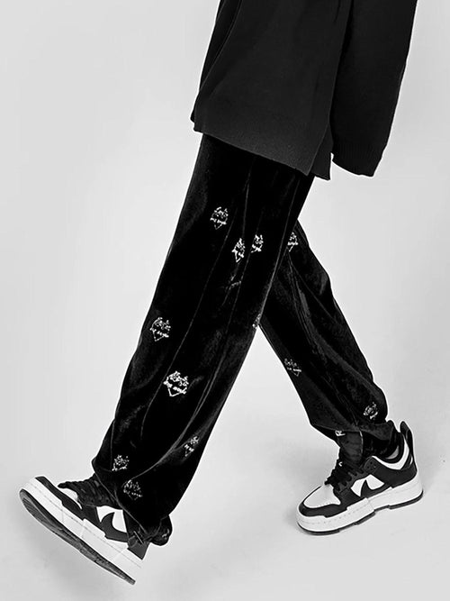 YUBABY Black Flame Heart High Waist Loose Women's Velvet Straight Pants