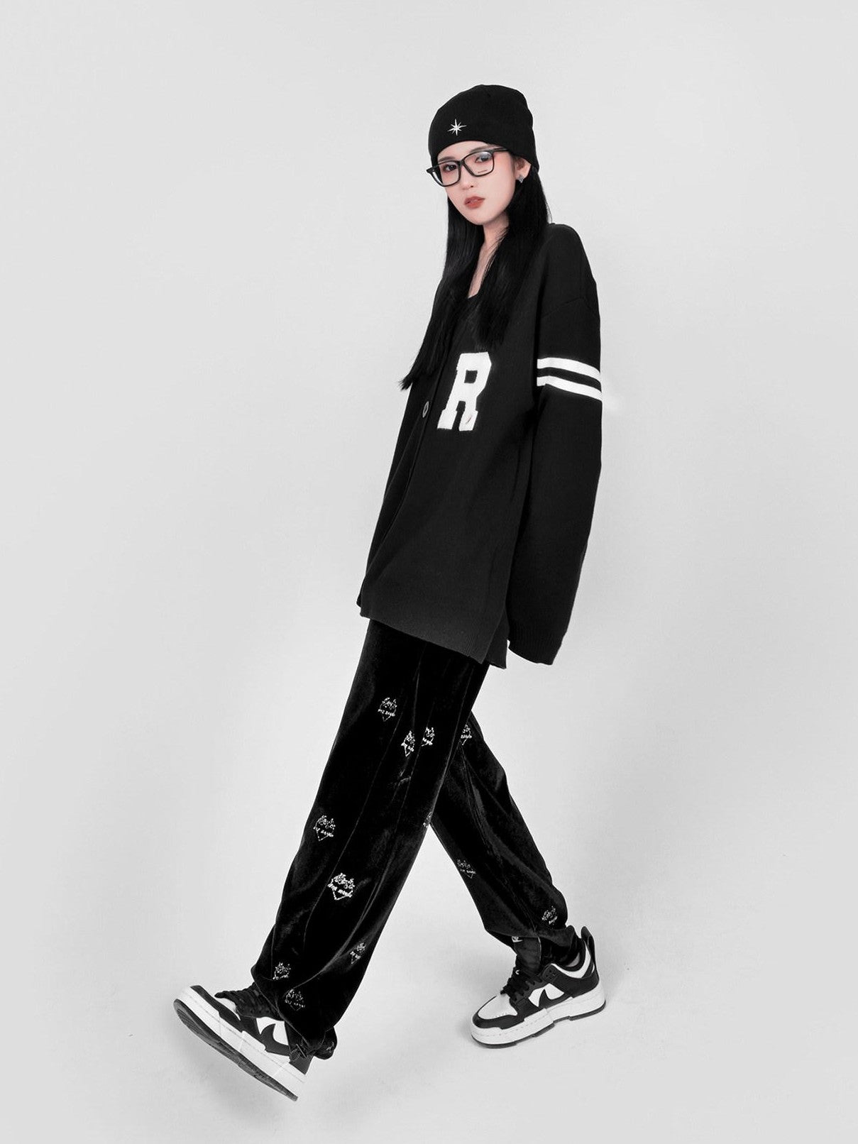 YUBABY Black Flame Heart High Waist Loose Women's Velvet Straight Pants