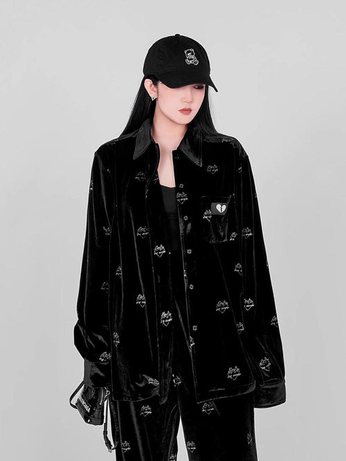 YUBABY Black Flame Heart Print Square Collar Button Pocket Women's Velvet Overshirts