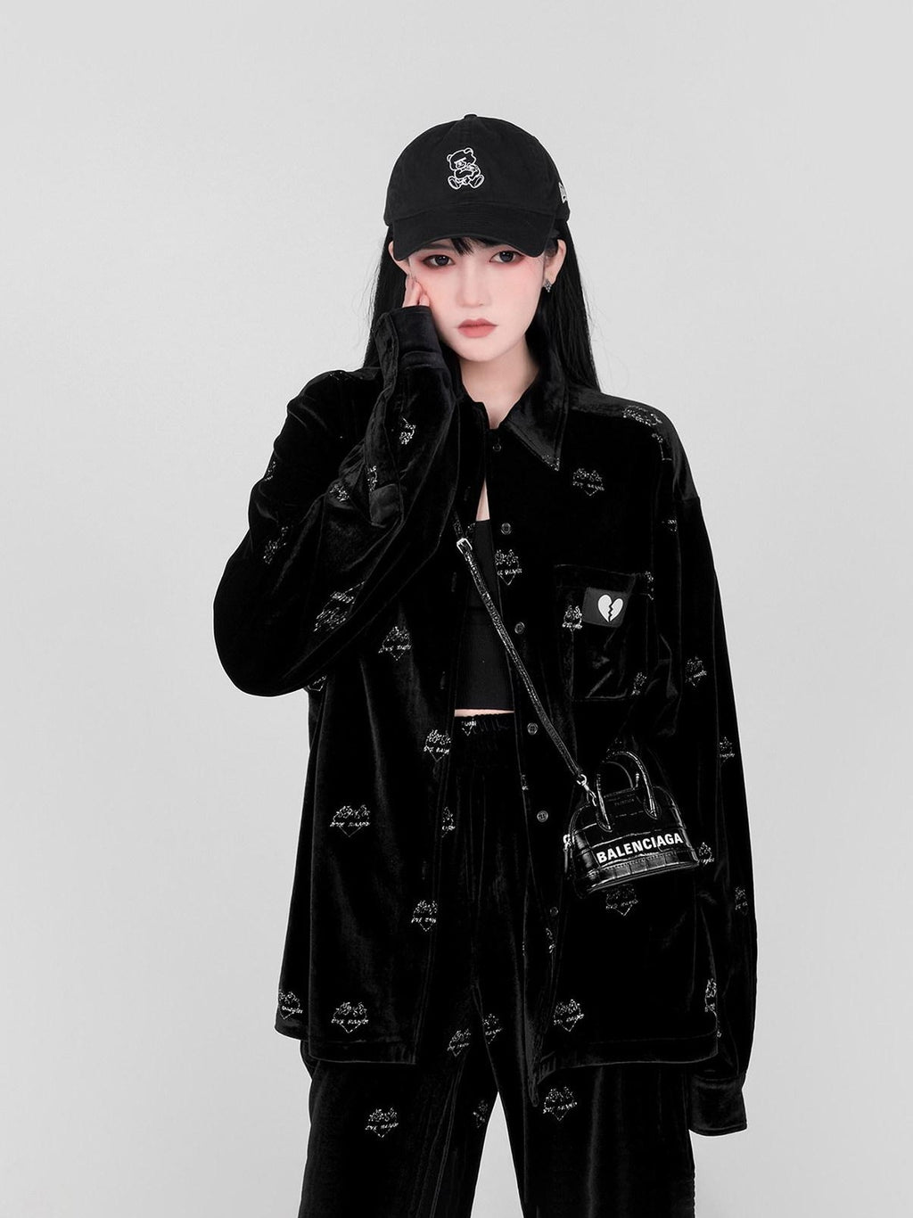 YUBABY Black Flame Heart Print Square Collar Button Pocket Women's Velvet Overshirts